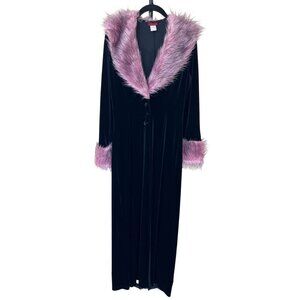 Vintage Luce Black Velvet Pink Faux Fur Penny Lane Duster Y2K 90s - Size Large